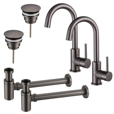 Fortifura Calvi Wastafelkraanset - voor dubbele wastafel - hoge wastafelkraan - draaibare uitloop - always open plug - verlaagde design sifon - Geborsteld Gunmetal PVD 2x SW809350/2x SW769487/2x SW767295