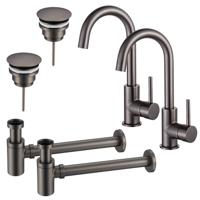 Fortifura Calvi Wastafelkraanset - voor dubbele wastafel - hoge wastafelkraan - draaibare uitloop - always open plug - verlaagde design sifon - Geborsteld Gunmetal PVD 2x SW809350/2x SW769487/2x SW767295