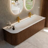 Badmeubel Mondiaz Kurve | 145 cm | Meubelkleur Walnut | Wastafelkleur Talc | Rechts spoelbak | 2 kraangaten