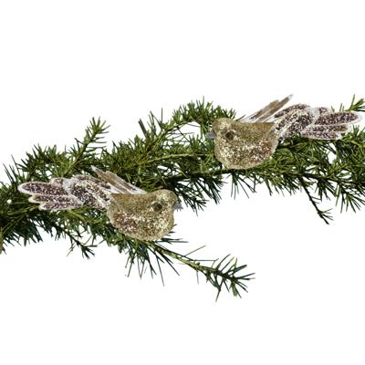 Kerstboomversiering Vogel - 2x stuks - 10 cm - Goud glitter - op clip - ornament