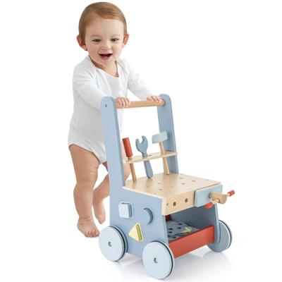 Houten Baby Rollator 2 in 1 Baby Rollator en Speelgoed Gereedschap met Bodem Opslag Montessori Speelbank voor Kinderen Blauw