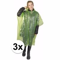 Wegwerp regenponcho - 3x - groen - voor volwassenen - met capuchon - budget line