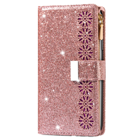 iPhone 15 Pro hoesje - Bookcase - Koord - Pasjeshouder - Portemonnee - Glitter - Bloemenpatroon - Kunstleer - Rose Goud - thumbnail