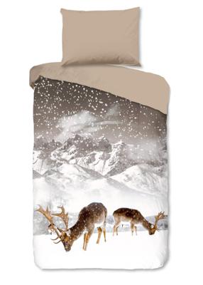 Good Morning Dekbedovertrek "herten in winterlandschap" - Zand - (140x200 cm) - Katoen Flanel