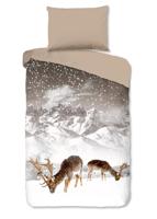 Good Morning Dekbedovertrek "herten in winterlandschap" - Zand - (140x200 cm) - Katoen Flanel