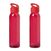 Glazen waterfles/drinkfles met schroefdop - 2x - transparant rood - 470 ml - Sportfles - Bidon