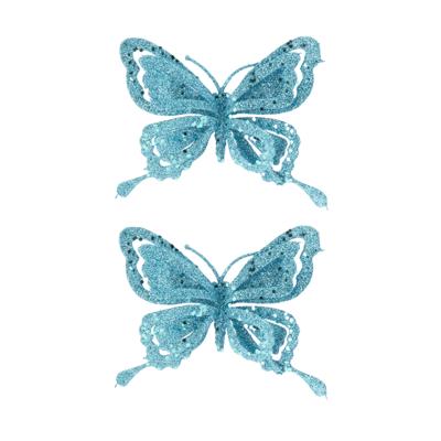 Kerstboomversiering Vlinder - 4x - 14 cm - blauw glitter - op clip - ornament