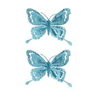Kerstboomversiering Vlinder - 4x - 14 cm - blauw glitter - op clip - ornament