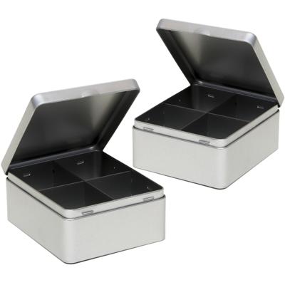 2x stuks theedoos - 4-vaks - metaal - 15x13x7 cm - theekist - zilverkleurig