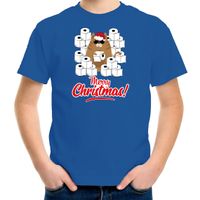 Fout Kerst t-shirt / outfit met hamsterende kat Merry Christmas blauw voor kinderen