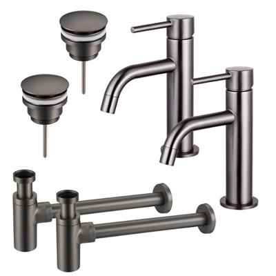 Fortifura Calvi Slim Wastafelkraanset - voor dubbele wastafel - lage wastafelkraan - klikwaste plug - design sifon - Geborsteld Gunmetal PVD 2x SW766538/2x SW767288/2x SW767297
