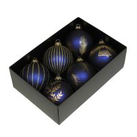 Luxe gedecoreerde kerstballen - 6x stuks - donkerblauw - glas - 8 cm - thumbnail