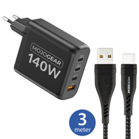 MOJOGEAR CHARGE+ 140 Watt oplader met USB naar USB-C kabel 3 meter | Geschikt voor Samsung/iPhone 15/16