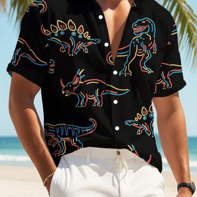 Bon&Bon Men's Dinosaur Print Short Sleeve Casual Shirt | Loose Fit XXL