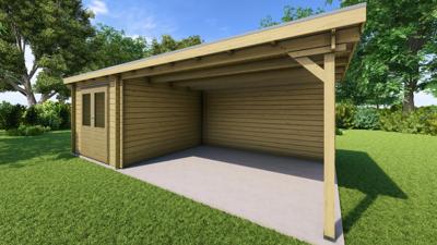 Classicline Blokhut Drenthe vuren groen geïmpregneerd 250x300 cm + overkapping 400 cm- Lessenaarsdak- - Van Kooten