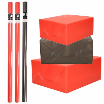 6x Rollen kraft inpakpapier pakket zwart/rood Halloween/Kerst 20 x 70 cm