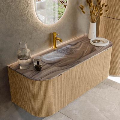 Badmeubel Mondiaz Kurve-Dlux | 120 cm | Meubelkleur Oak | Wastafelkleur Sombra | Solid surface | Wasbak midden spoelbak | 1 kraangat
