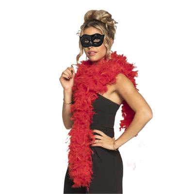 Venetiaans oogmasker in het zwart - Met dikke veren Boa in het rood - 180 cm - Dames
