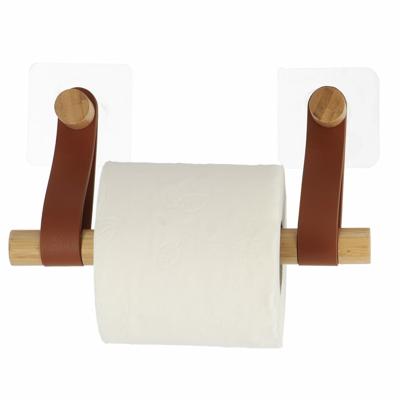 Toiletrolhouder wand/muur - zelfklevend - cognac - bamboe/kunstleer - zonder boren