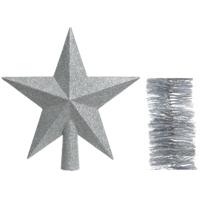 Kerstversiering kunststof glitter ster piek 19 cm en glitter slingers pakket zilver van 3x stuks - kerstboompieken - thumbnail