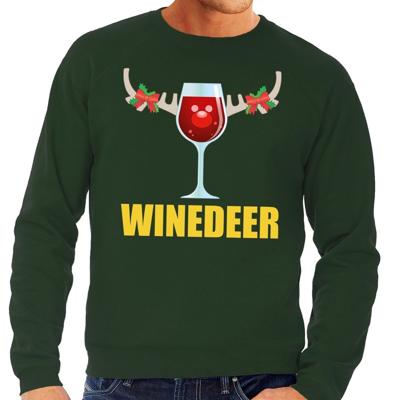 Foute kersttrui - Winedeer print - groen - voor heren - lange mouwen - sweater - wijn