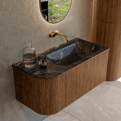 Mondiaz KURVE-DLUX 95 cm Onderkast Greeploos 1 Lade Met Deuren Walnut, Wastafel Solid Surface Rechts Lava 0 Kraangaten Zonder Spiegel (KRVBGS95L1L1D0KR-Wal/Lav)