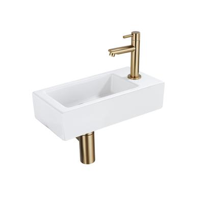 QeramiQ Fuente Fonteinset - 37.5x18.5x9cm - keramiek - kraangat rechts - fonteinkraan geborsteld messing - afvoerplug - verlaagd sifon - Mat wit SW1122446/SW696208/SW696218/SW696238