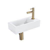 QeramiQ Fuente Fonteinset - 37.5x18.5x9cm - keramiek - kraangat rechts - fonteinkraan geborsteld messing - afvoerplug - verlaagd sifon - Mat wit SW1122446/SW696208/SW696218/SW696238