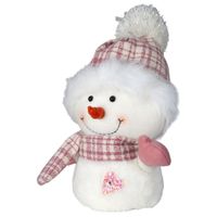 Pluche decoratie sneeuwpop - 27 cm - roze - pop - met sjaal en muts - thumbnail