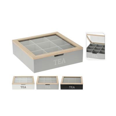 Basic Houten theedoos 9 vakjes 24x24 cm assorti