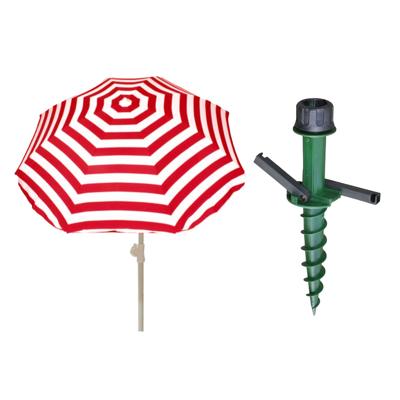 Parasol met dikke grondharing - rood/wit gestreept - polyester - Dia 180 cm - voor het strand