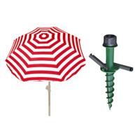Parasol met dikke grondharing - rood/wit gestreept - polyester - Dia 180 cm - voor het strand