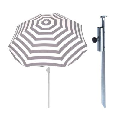 Parasol met metalen grondharing - grijs/wit gestreept - polyester - Dia 180 cm - verstelbaar