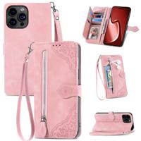 iPhone 12 hoesje - Bookcase - Koord - Pasjeshouder - Portemonnee - Bloemenpatroon - Kunstleer - Roze