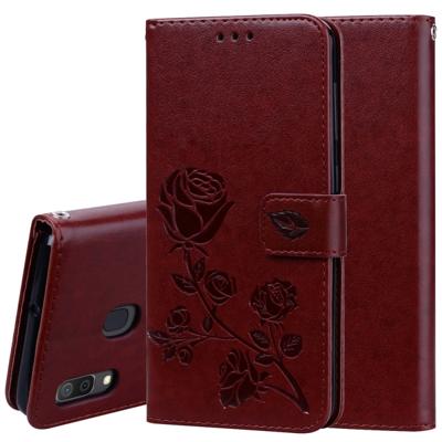 Rose reliëf horizontale Flip PU lederen case voor Galaxy A30/A20 met houder & kaartsleuven & portemonnee (bruin)