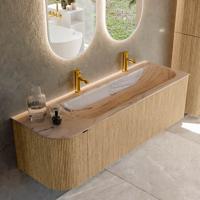 Badmeubel Mondiaz Kurve-Dlux | 145 cm | Meubelkleur Oak | Wastafelkleur Arena | Solid surface | Wasbak rechter zijde spoelbak | 2 kraangaten