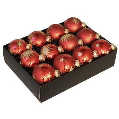 Othmar Decorations Kerstballen - 12x - rood met goud - 7,5 cm - glas - gedecoreerde kerstballen