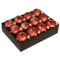 Othmar Decorations Kerstballen - 12x - rood met goud - 7,5 cm - glas - gedecoreerde kerstballen