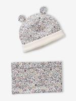 Babyset muts en snood baby met bloemenprint, gevoerd met sherpa roze, bedrukt