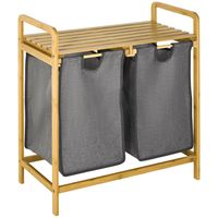 HOMCOM Wasrek met 2 waszakken, plank, 2 handgrepen, frame van bamboehout, grijs, 63,5 x 33 x 73 cm - thumbnail
