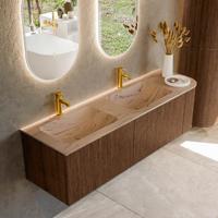 Badmeubel Mondiaz Kurve-Dlux | 155 cm | Meubelkleur Walnut | Wastafelkleur Arena | Solid surface | Dubbel / Links spoelbak | 2 kraangaten