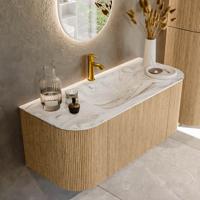 Mondiaz KURVE-DLUX 110 cm Onderkast Greeploos 1 Lade Met Deuren Oak, Wastafel Solid Surface Midden Glace 1 Kraangat Zonder Spiegel (KRVCLO110L+R1L2D1KM-Oak/Gla)