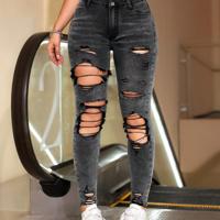 Bon&Bon Women's High Waist Skinny Jeans - Ripped Light Grey Denim Light Grey-8 / L