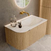 Badmeubel Mondiaz Kurve-Dlux | 85 cm | Meubelkleur Oak | Wastafelkleur Ostra | Solid surface | Rechts spoelbak | Zonder kraangat(en) Badmeubel Mondiaz Kurve-Dlux | 85 cm | Meubelkleur Oak | Wastafelkleur Ostra | Solid surface | Rechts spoelbak | Zonder kraangat(en)