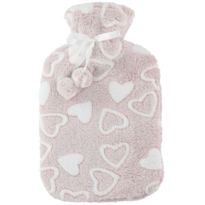 Warmwaterkruik 2 liter met zachte fleece hoes beige/hartjes