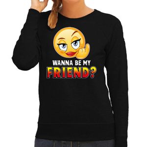 Funny emoticon sweater Wanna be my friend zwart voor dames