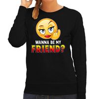 Funny emoticon sweater Wanna be my friend zwart voor dames - thumbnail