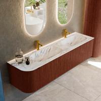 Badmeubel Mondiaz Kurve-Dlux | 175 cm cm | Meubelkleur Ruby | Wastafelkleur Glace | Solid surface | Dubbel / Rechts spoelbak | 2 kraangaten