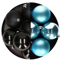 Decoris kerstballen - 12x st - 8 cm - zwart en blauw - kunststof - Kerstbal