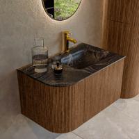 Mondiaz KURVE-DLUX 75 cm Onderkast Greeploos 1 Lade Met Deuren Walnut, Wastafel Solid Surface Rechts Lava 1 Kraangat Zonder Spiegel (KRVGRU75L1L1D1KR-Wal/Lav)